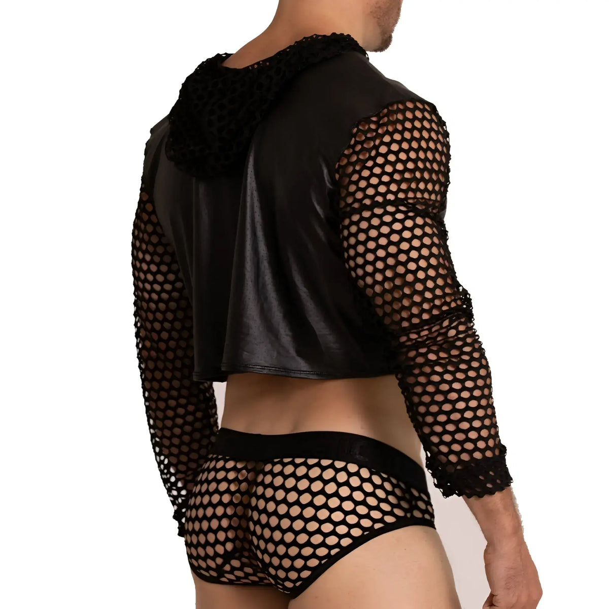 Black mesh hooded crop top with faux leather panels and lace trim in gigo hole black hoody tshirt product image