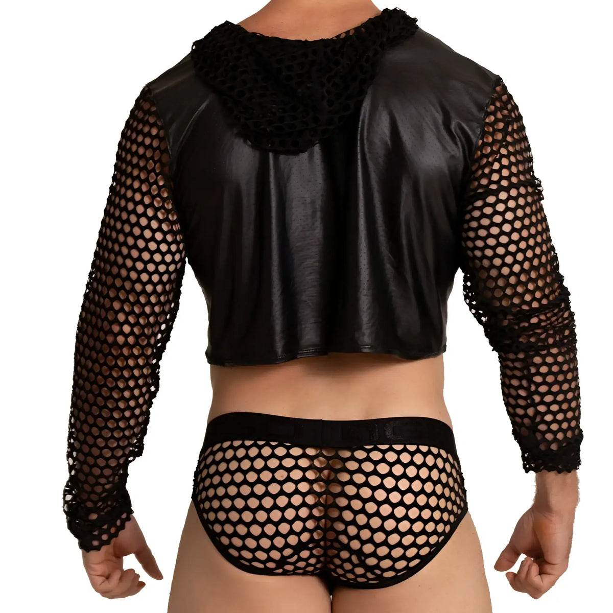 Black mesh and faux leather cropped hoodie with long sleeves from gigo hole black hoody tshirt collection visible from front