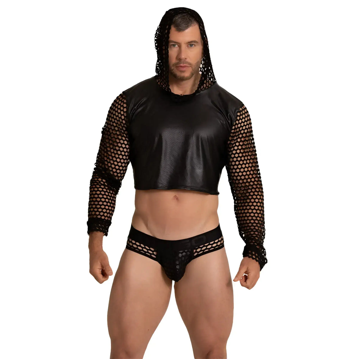Black mesh hooded crop top with faux leather torso and long sleeves from Gigo Hole black hoody tshirt collection