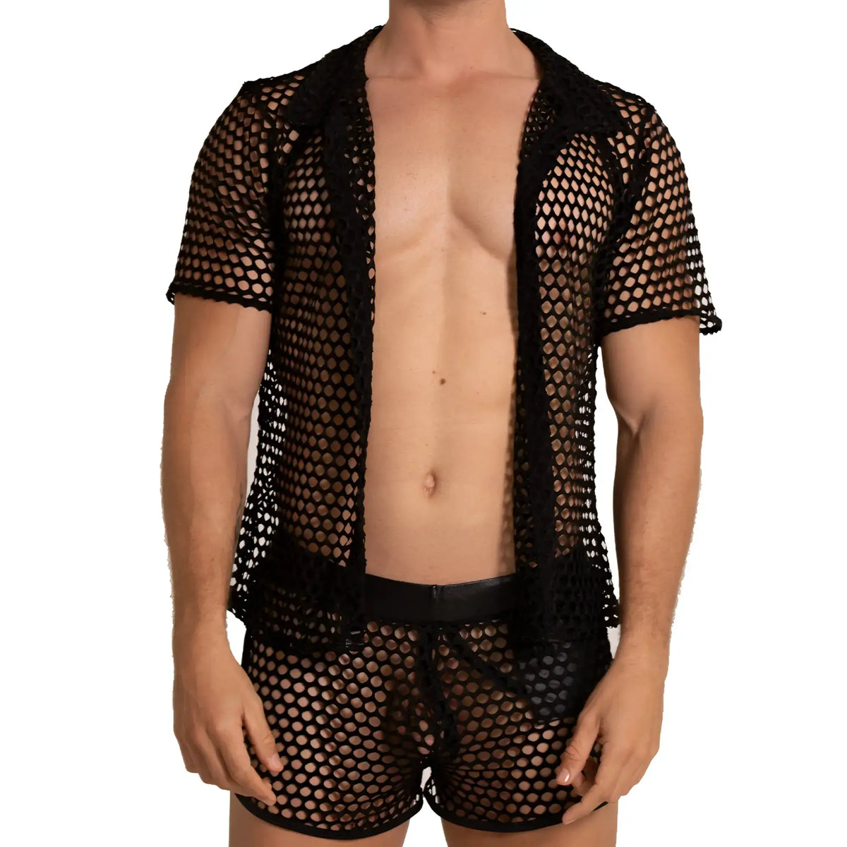 Gigo hole black shirt black mesh short-sleeved shirt with collar and open front for stylish layering