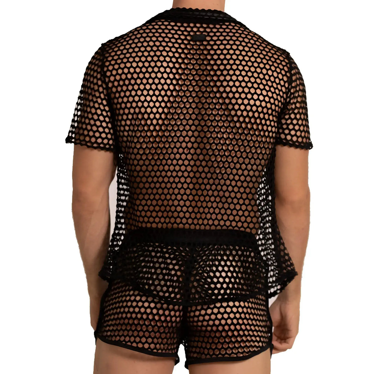 Black mesh short sleeve top with matching waistband in the gigo hole black shirt design