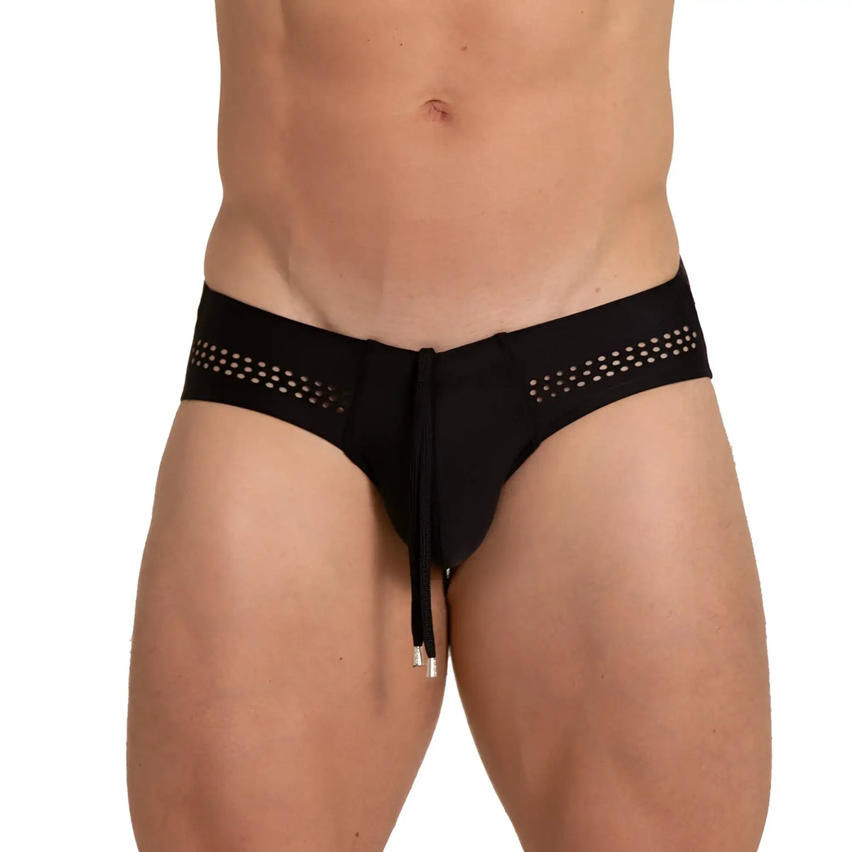 Black gigo hole swim brief with perforated side panels and drawstring waistband for comfortable fit