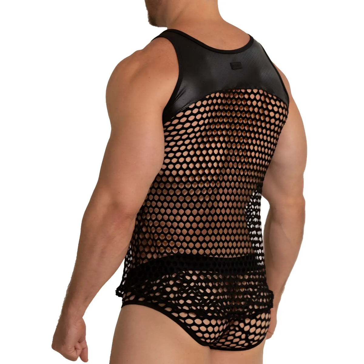 Back side of gigo hole black tank showing black mesh fabric with glossy faux leather panel on shoulders and upper back