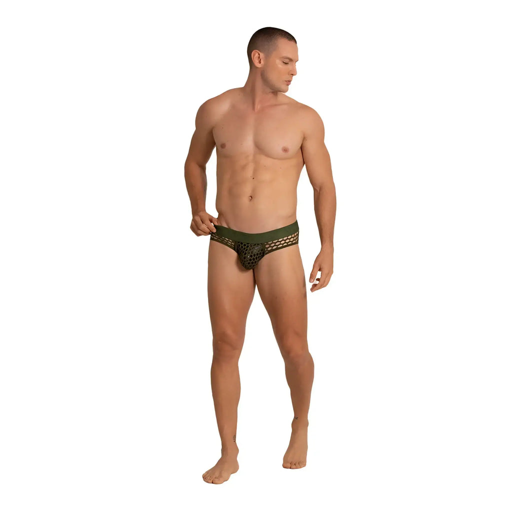 Dark green gigo hole brief with mesh fabric and solid waistband for comfortable everyday wear