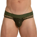 Olive green mesh briefs featuring a bold embossed ngigo logo on the waistband for breathable comfort