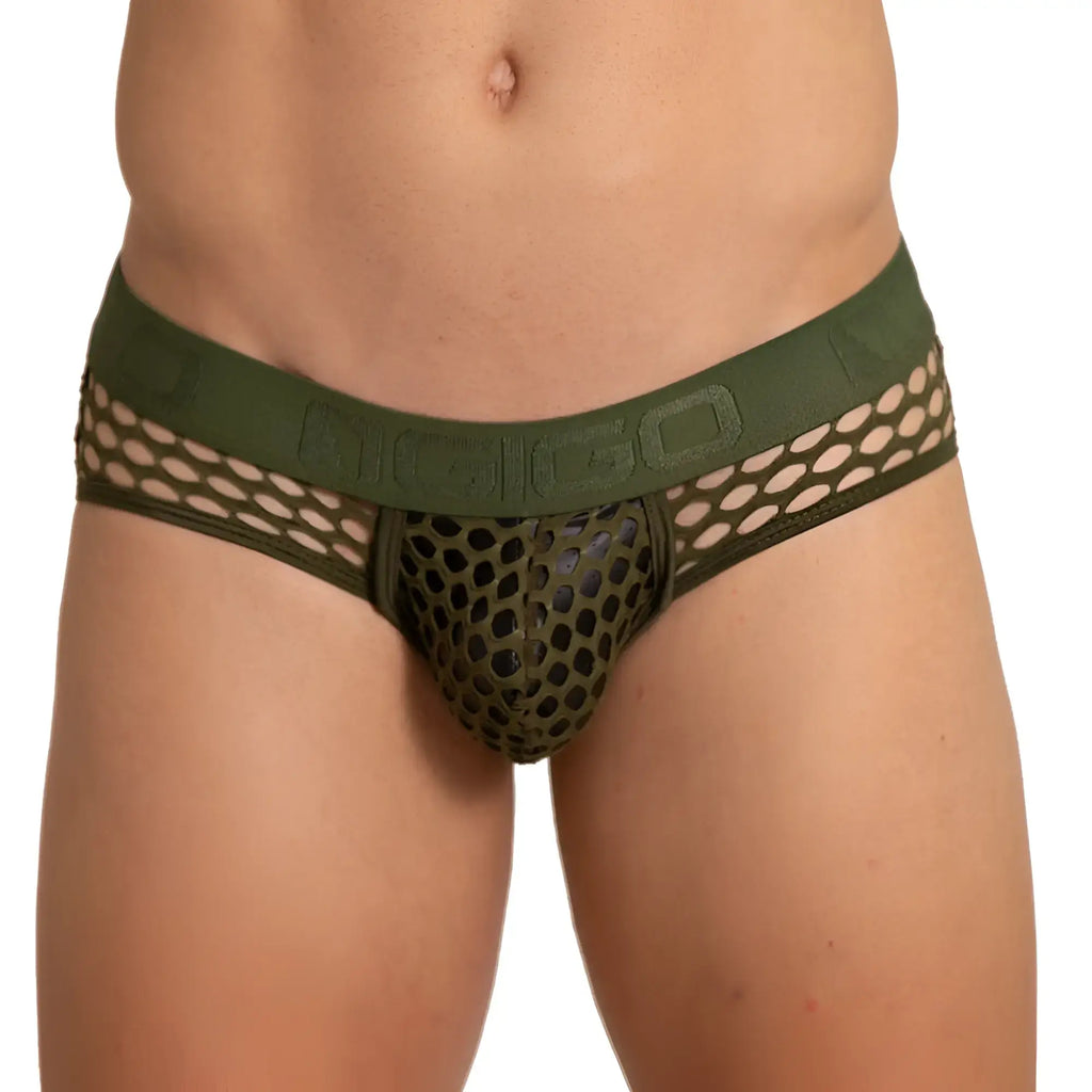 Olive green mesh menÃ¢â‚¬â„¢s briefs with riggo branded waistband in gigo hole green brief style