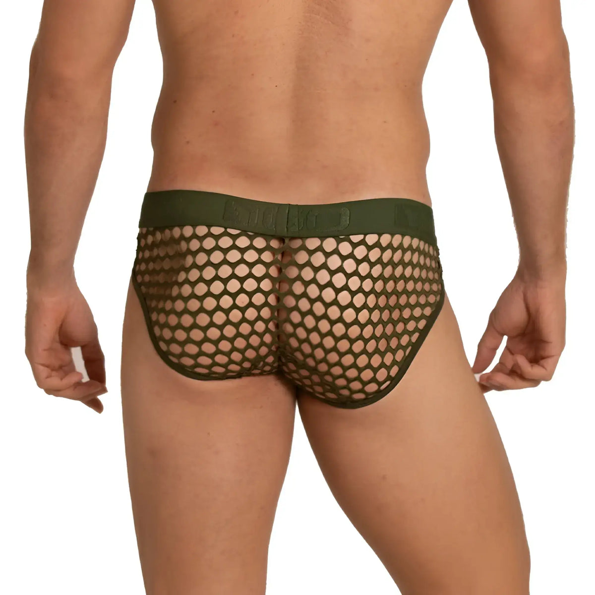 Olive green gigo hole mesh briefs with solid waistband designed for breathable comfort and style