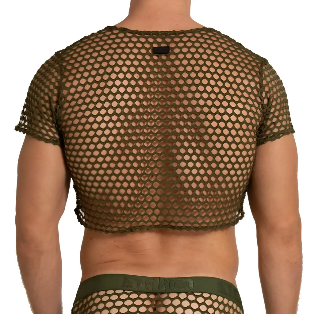 Olive green mesh crop top with short sleeves and hexagonal pattern in gigo hole green croop top design