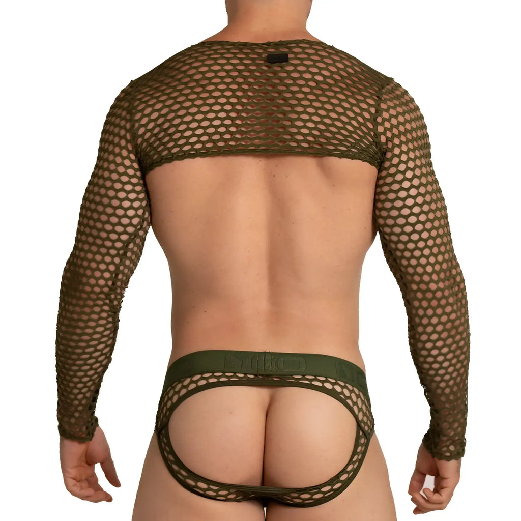 Olive green mesh long-sleeved bodysuit with matching thong in gigo hole green harness style shown from the back