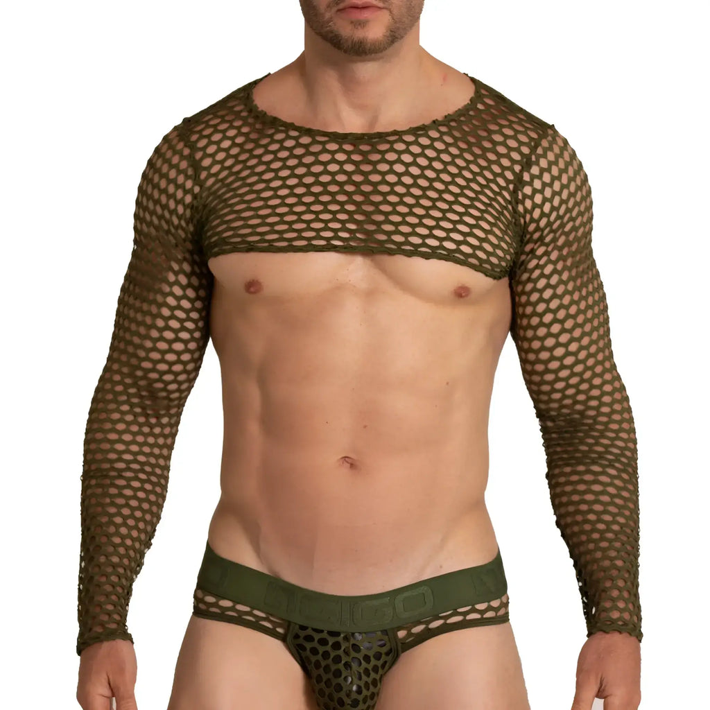 Olive green mesh long-sleeved top with rounded neckline and matching mesh briefs in gigo hole green harness set