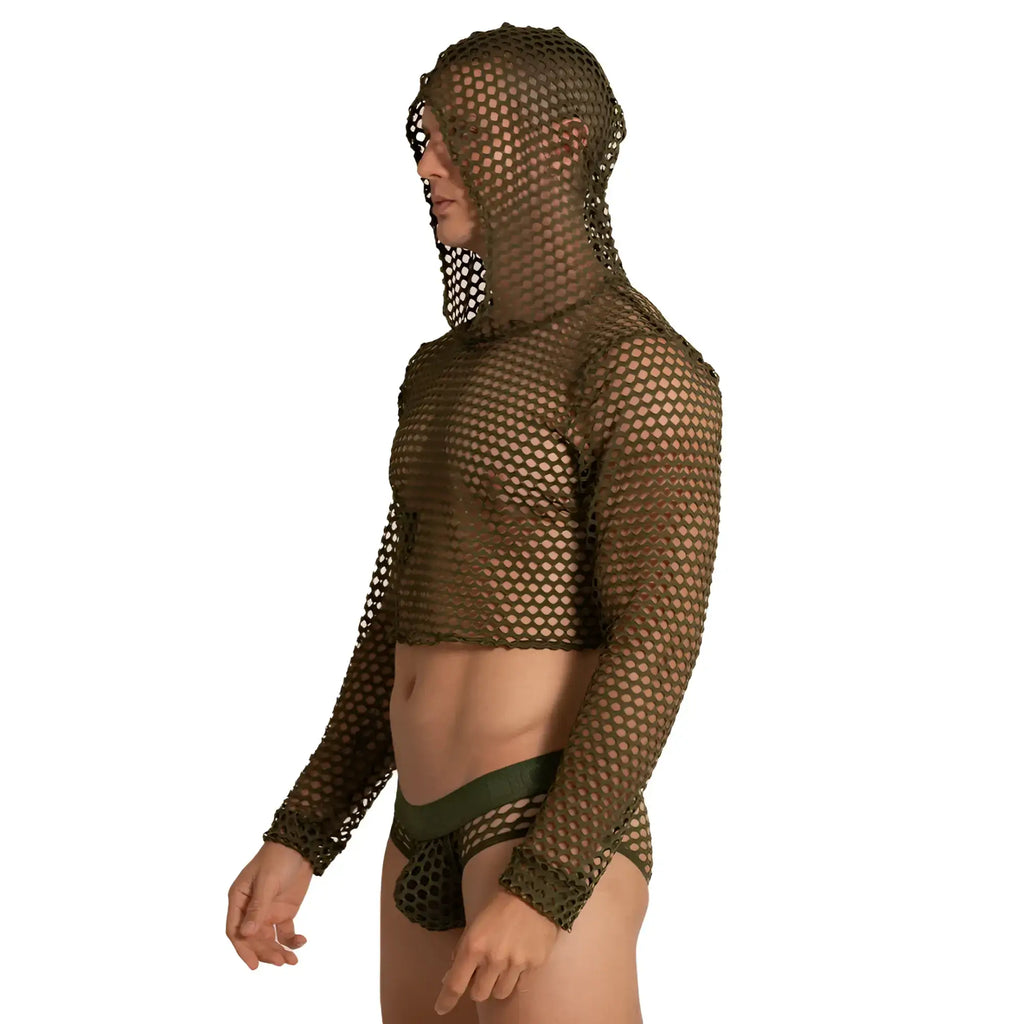 Olive green mesh hooded crop top gigo hole green hoody tshirt with breathable fabric for casual wear