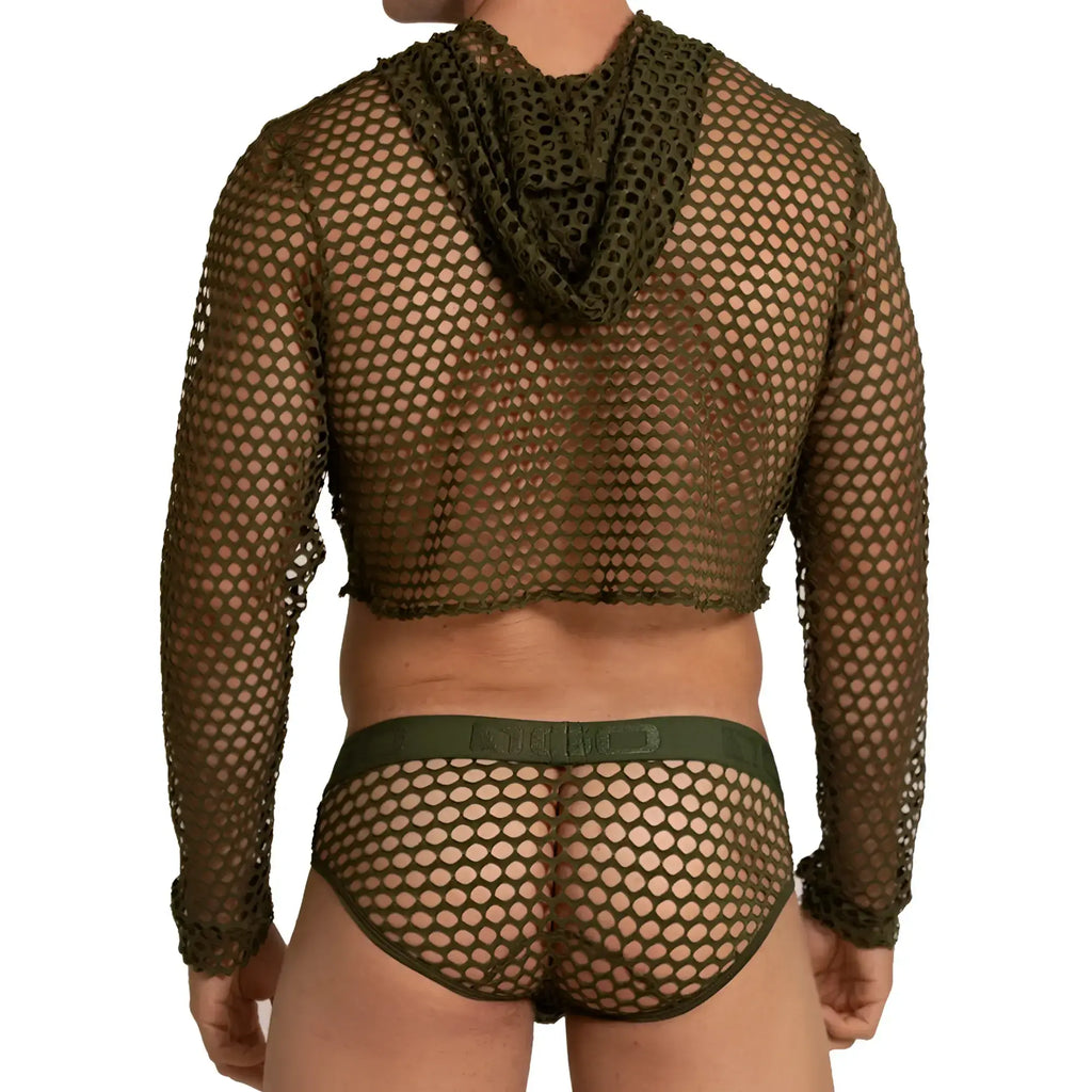 Olive green mesh hooded crop top and matching briefs set from gigo hole green hoody tshirt collection