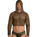 Olive green mesh hooded crop top with long sleeves and matching underwear set from gigo hole green hoody tshirt collection