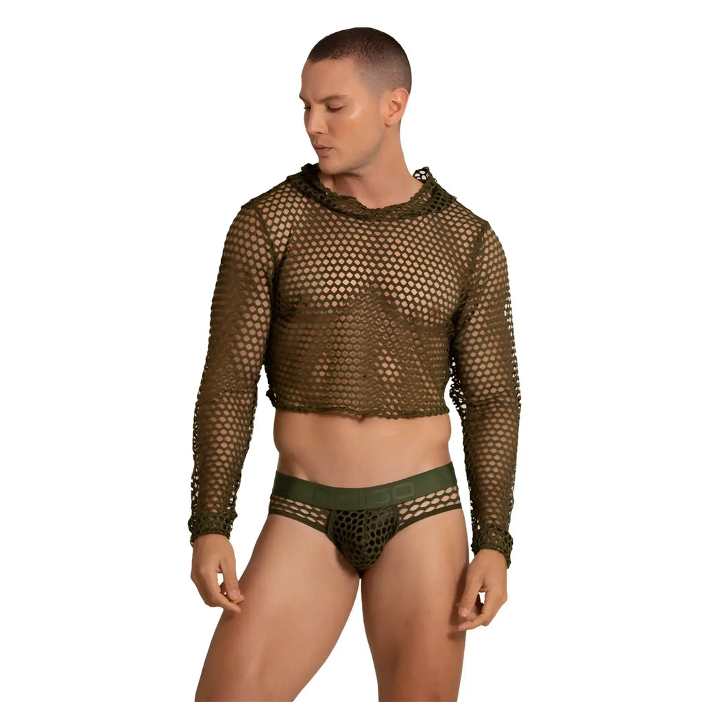 Olive green mesh long-sleeved crop top with matching mesh briefs from the Gigo Hole Green Hoody Tshirt collection