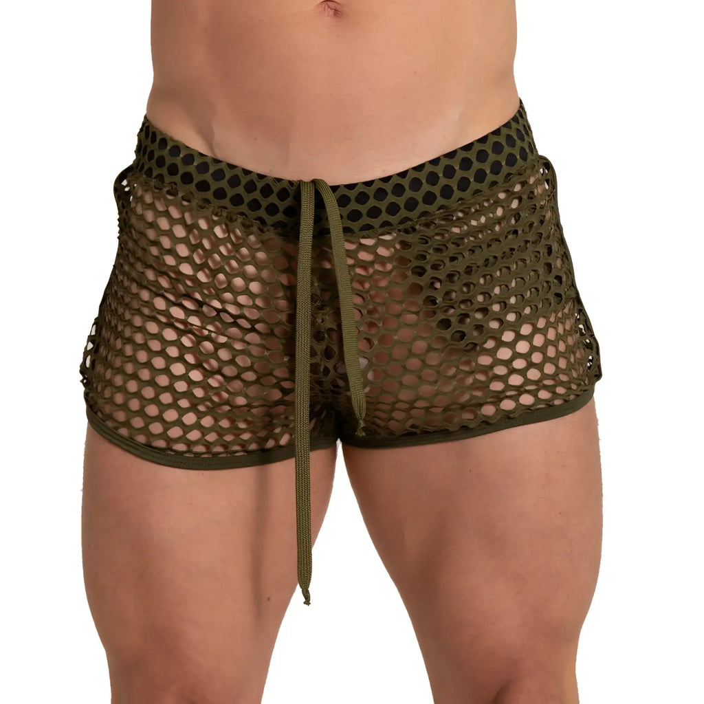 Olive green mesh shorts with black polka dot trim and matching drawstring waistband gigo hole green hotshort