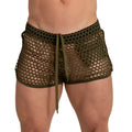 Olive green mesh shorts with black polka dot trim and matching drawstring waistband gigo hole green hotshort