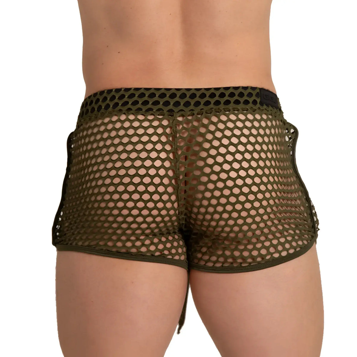 Olive green mesh hotshort with black elastic waistband and side ties from gigo hole green hotshort collection