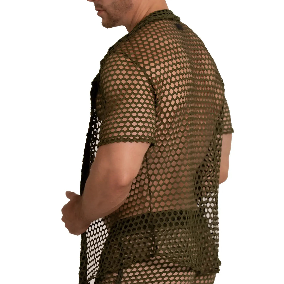 Olive green mesh short-sleeved shirt with collar and hem gigo hole green shirt front view