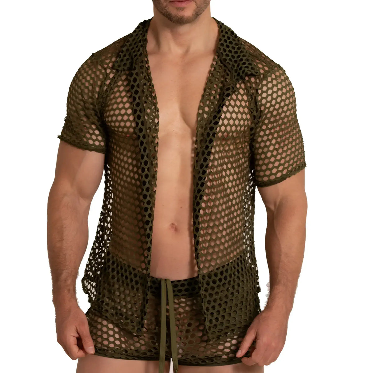 Olive green mesh short-sleeved shirt with collar and front opening from gigo hole green shirt collection