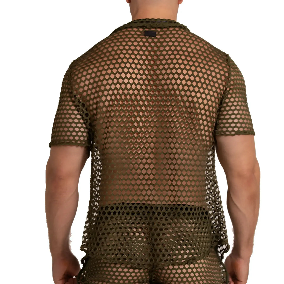 Olive green mesh short sleeved gigo hole green shirt with rounded neckline and hemline