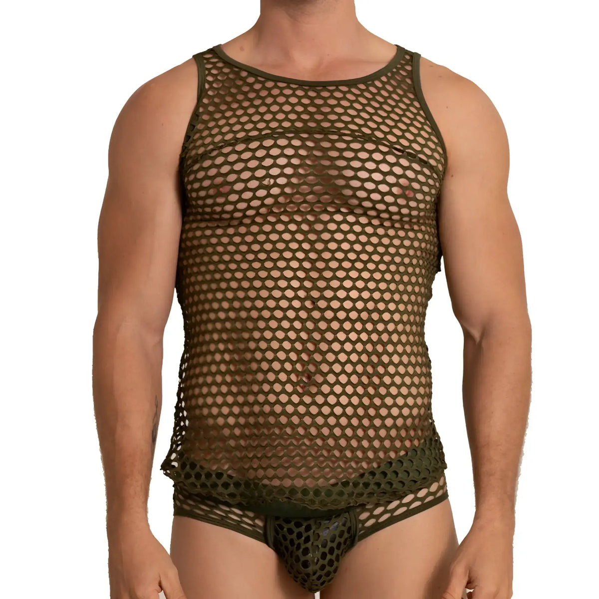 Olive green mesh tank top with matching briefs gigo hole green tank lingerie set shown from the front