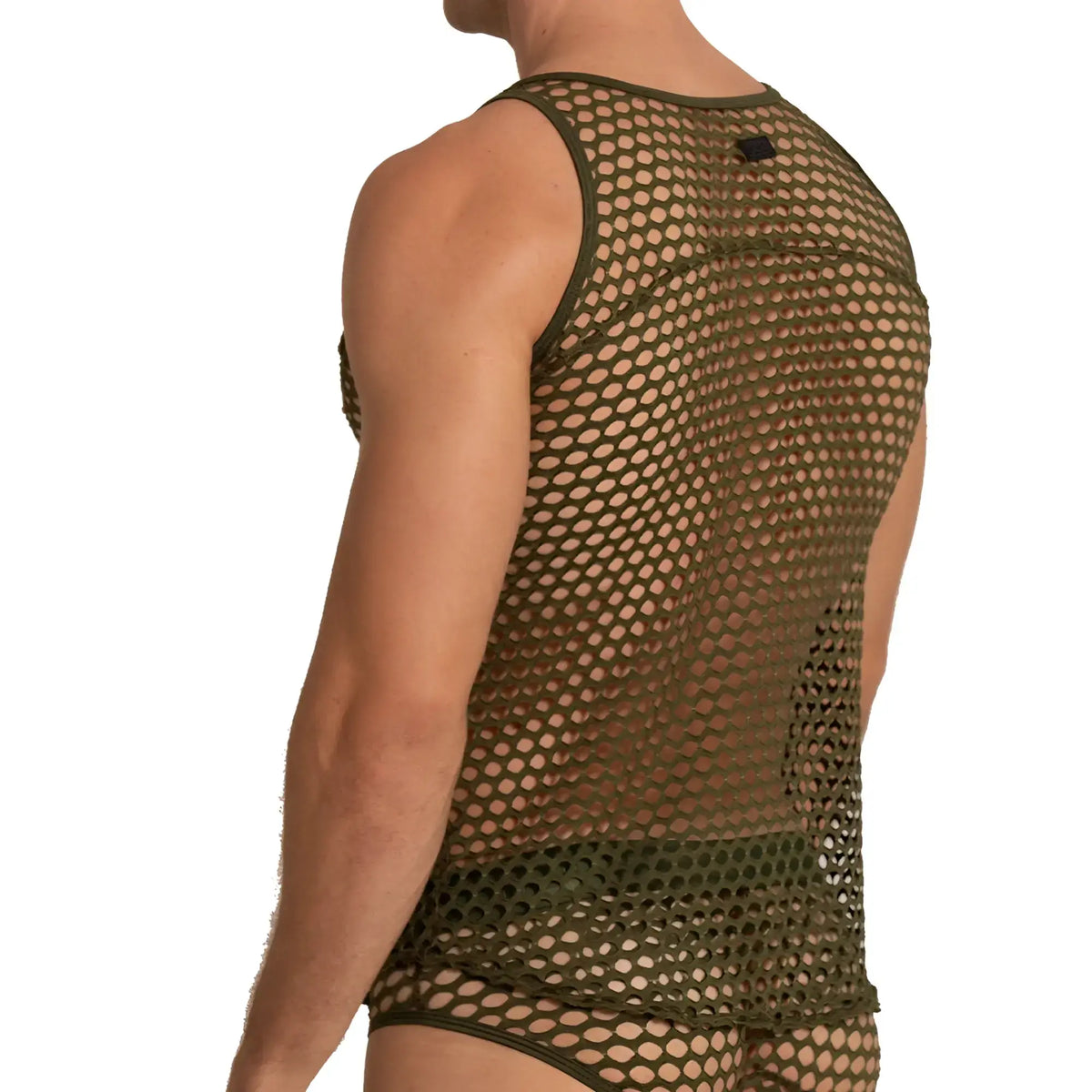 Olive green mesh tank top gigo hole green tank with fitted form fitting design
