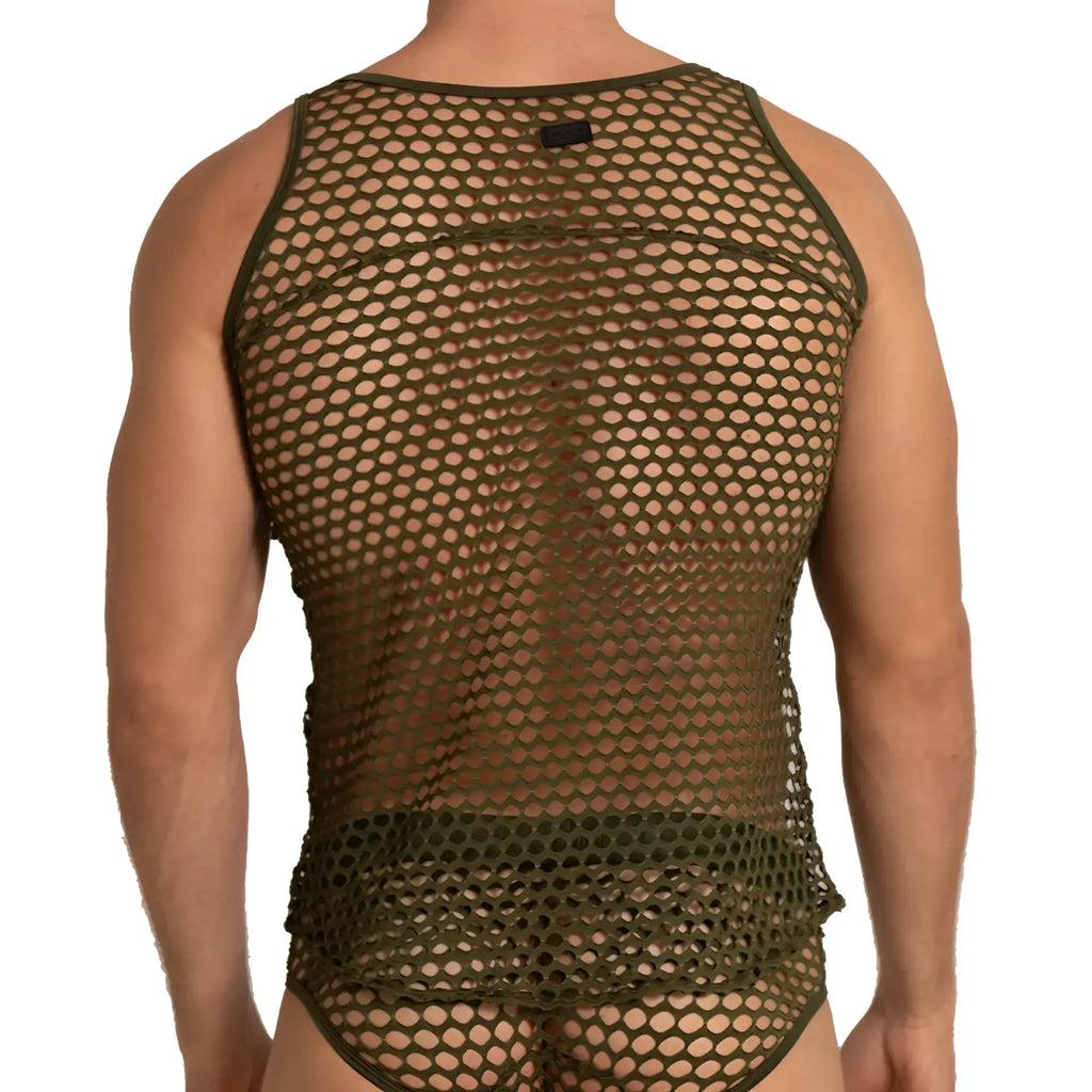 Olive green mesh tank top gigo hole green tank with fitted form-fitting design and breathable material