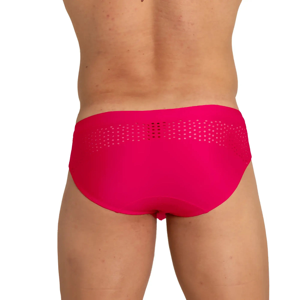 Bright fuchsia Gigo Hole red swim brief with perforated waistband designed for comfortable swimwear use