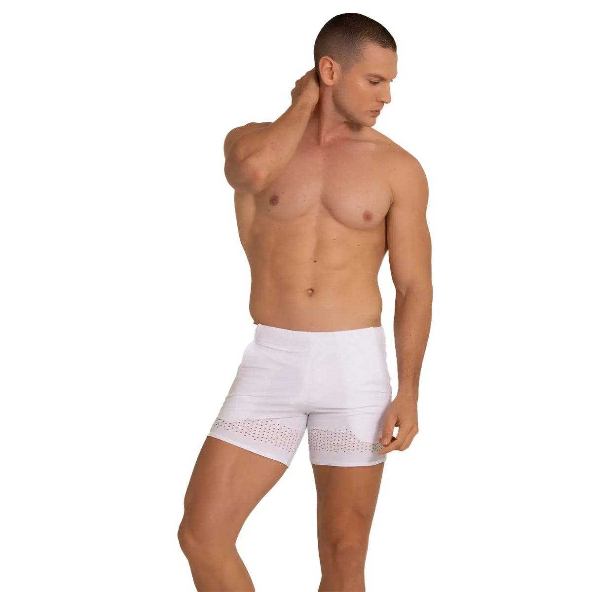 White athletic shorts with perforated hem detail designed for beachwear by gigo hole in white colour