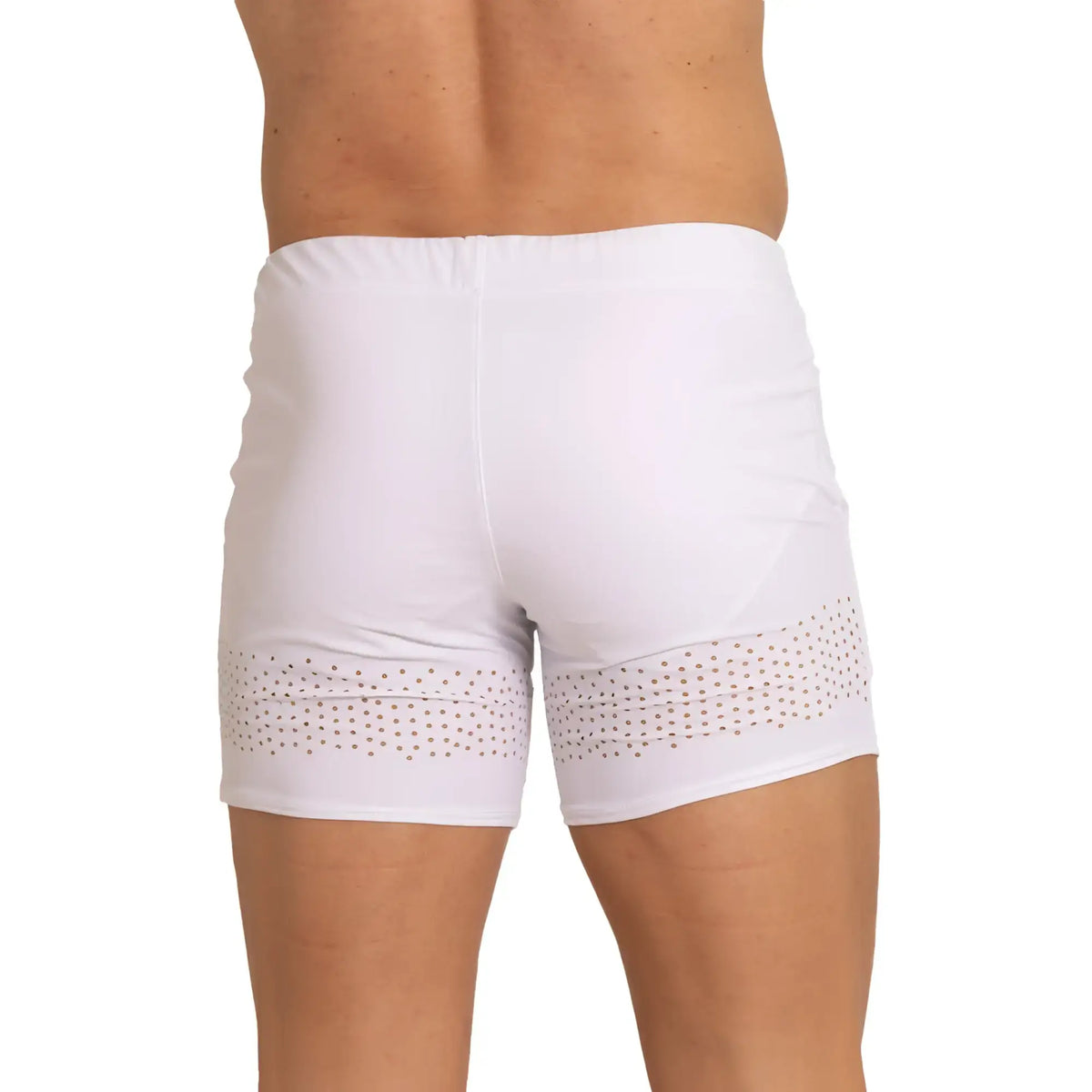 White athletic shorts gigo hole with perforated lower hem and small dark circular patterns for beachwear use