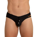 Black swim trunks with drawstring closure and orange hashtag branding on the waistband from gigo hot black swim brief