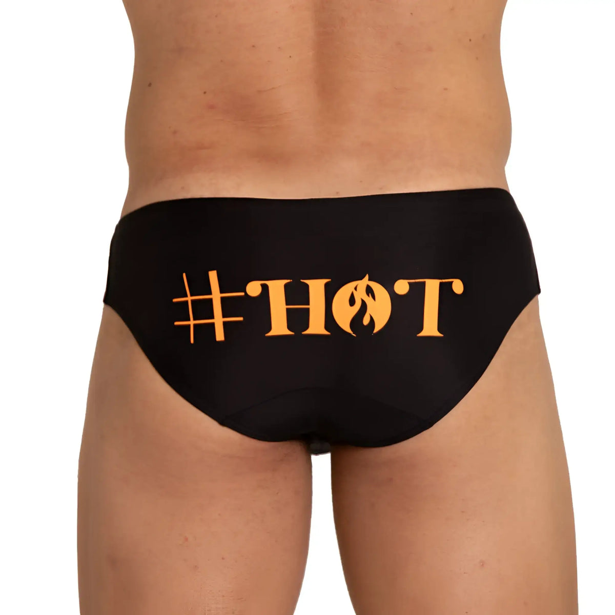 Black swim brief by gigo featuring orange hot text and flame design ideal for swimming and beach use