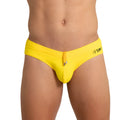 Bright yellow menÃ¢â‚¬â„¢s swim trunks gigo hot yellow swim brief with drawstring closure and black hashtag branding on the side