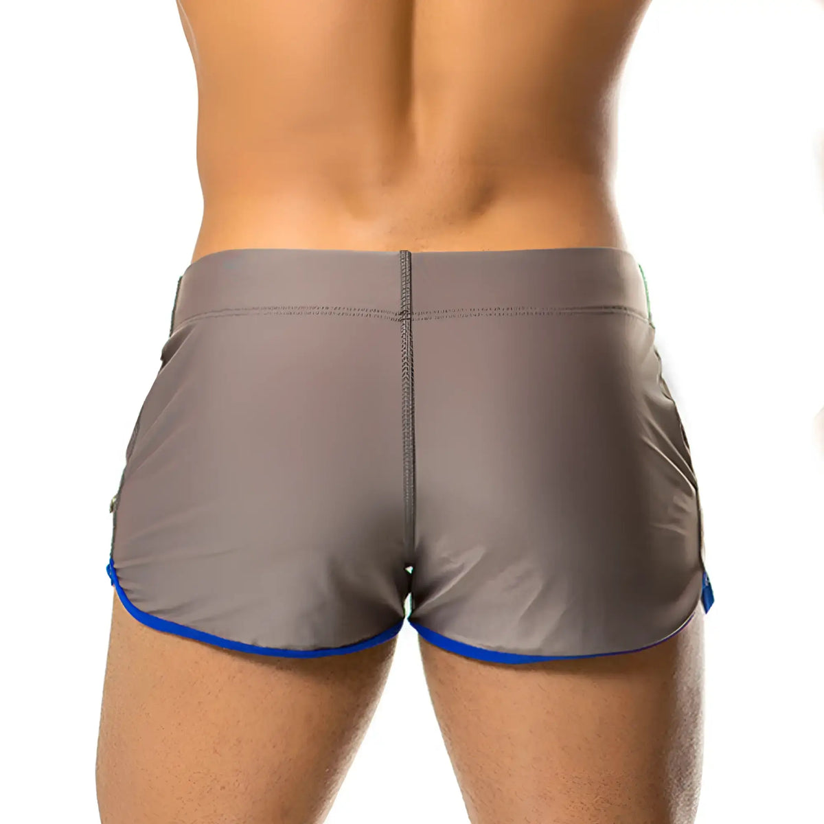 Gigo Hotenc gray beachwear athletic shorts with blue trim along hem and side pockets featuring sleek fit