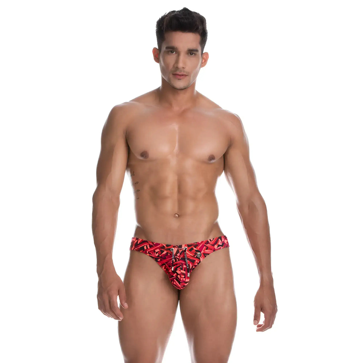 Red and black patterned Gigo Ice Red swim brief with bold graphic design for menÃ¢â‚¬â„¢s swimwear use