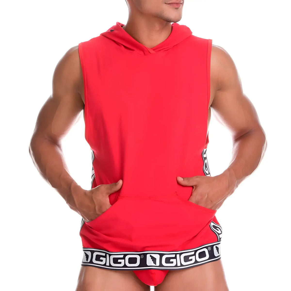 Red sleeveless hoodie with hood and side pockets featuring black and white gigo branding on the waistband
