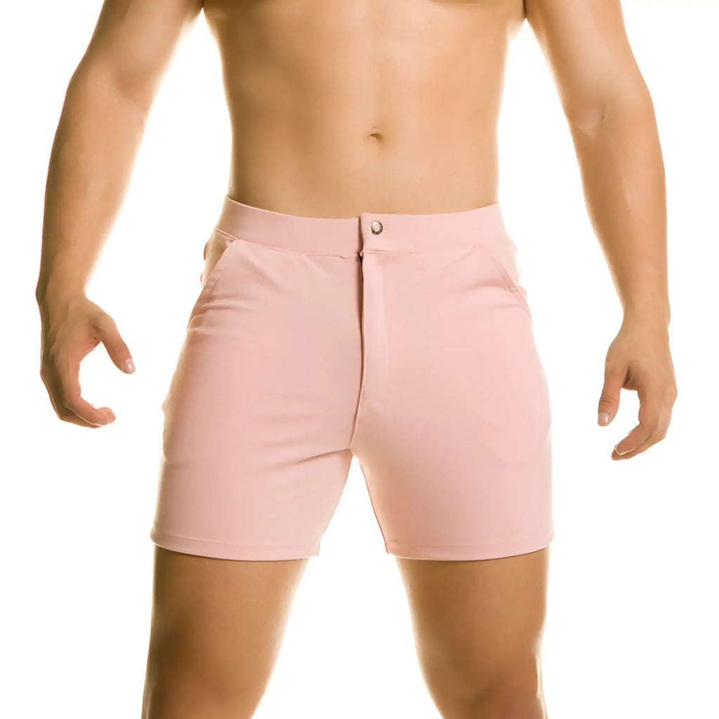 Gigo infaltable pink short form-fitting athletic shorts with subtle button closure at the waist