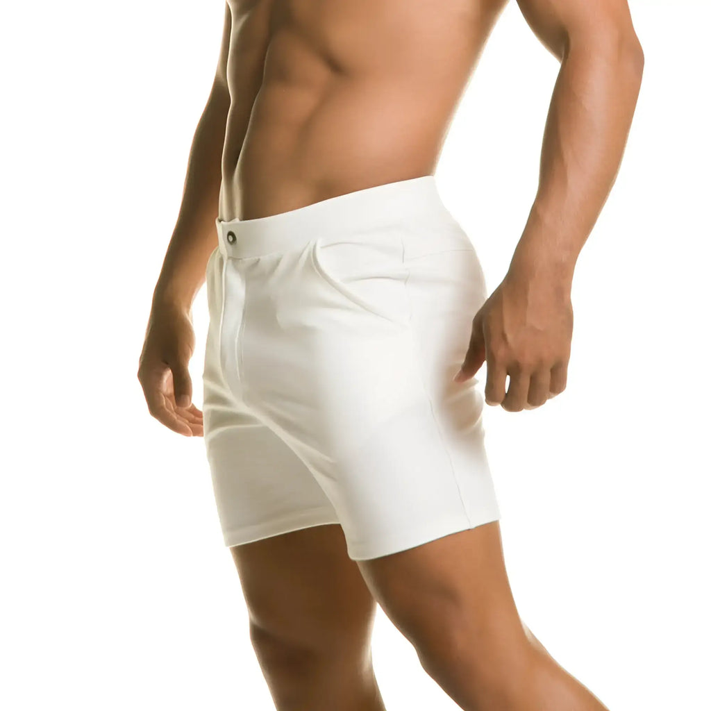 Gigo infaltable white athletic shorts with a clean minimalist design and button closure at the waist