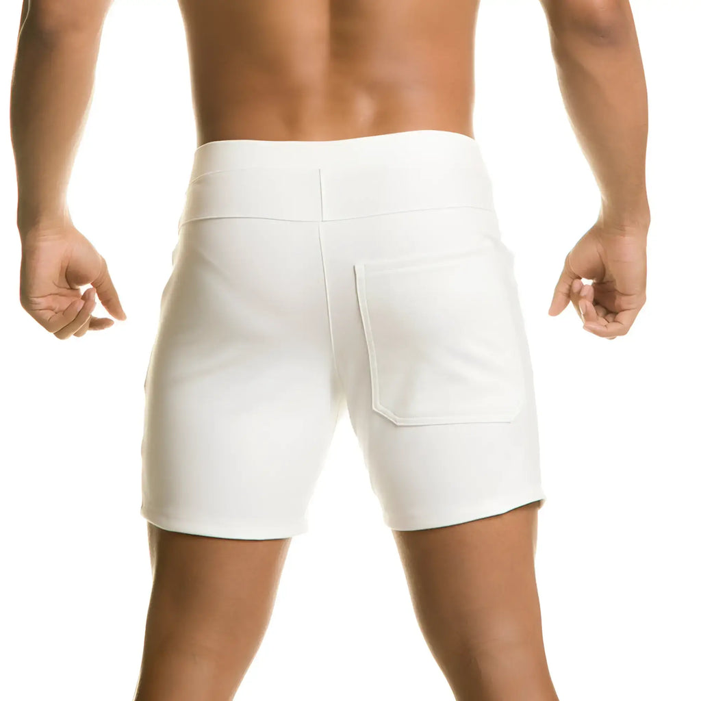 White athletic shorts gigo infaltable with high waisted design and single back pocket shown from the back side