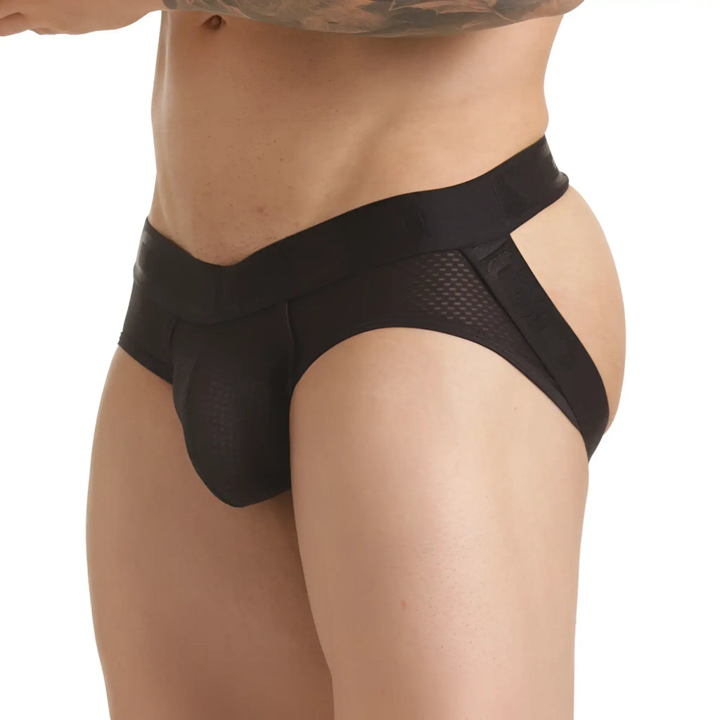 Gigo insuperable black brief jockstrap featuring black mesh and solid fabric with a wide waistband