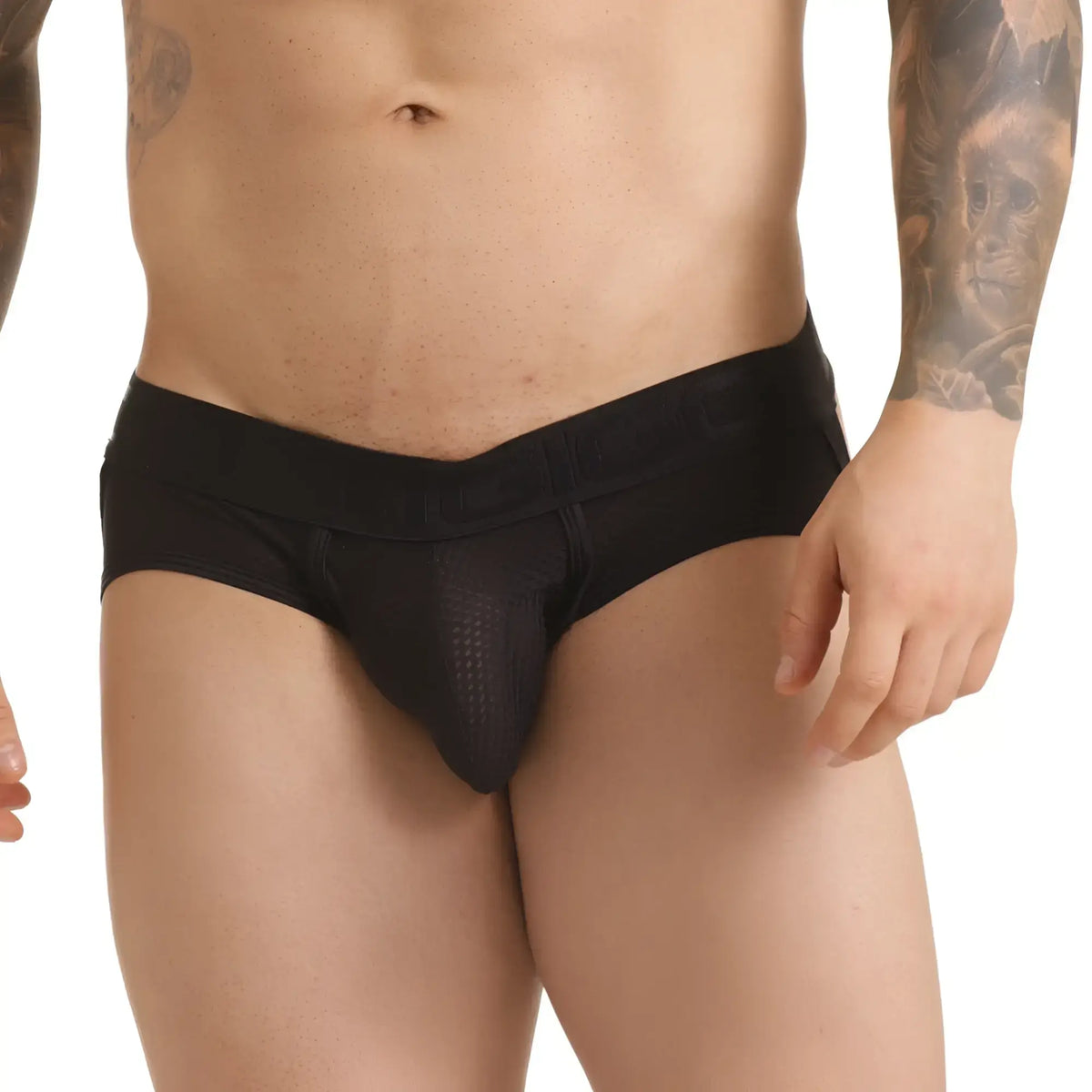 Black mesh briefs with solid waistband from gigo insuperable black brief jockstrap showing front view