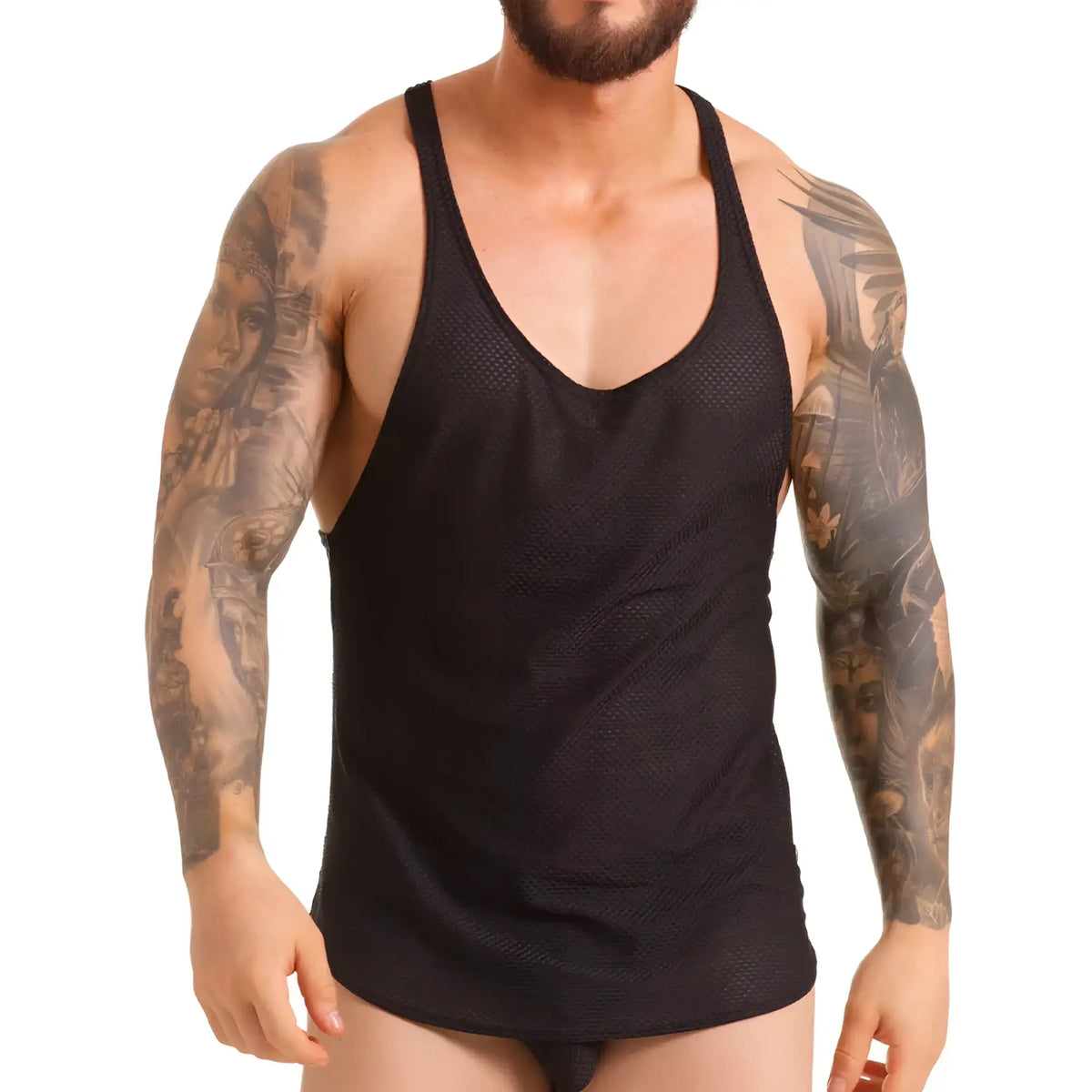 Black mesh racerback tank top by gigo insuperable showing the back side with breathable lightweight fabric