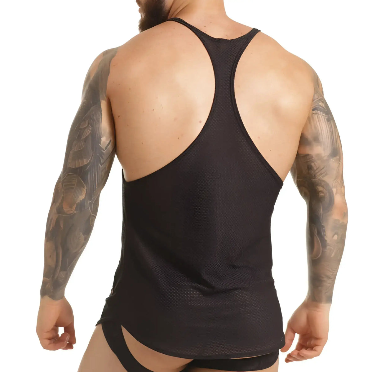 Black mesh tank top gigo insuperable with racerback design showing back side for activewear use