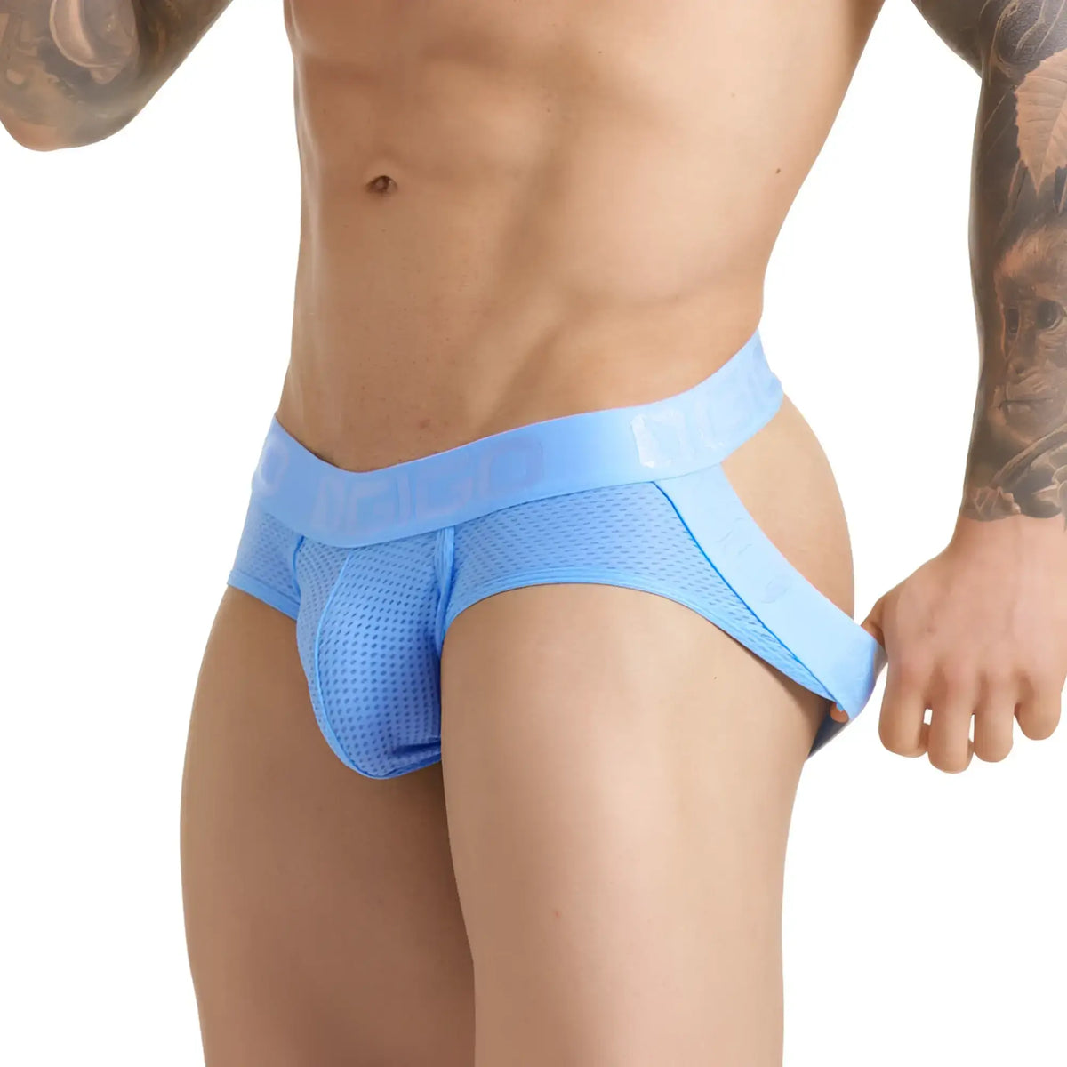 Gigo insuperable blue brief jockstrap with light blue mesh fabric and solid elastic waistband shown from the front