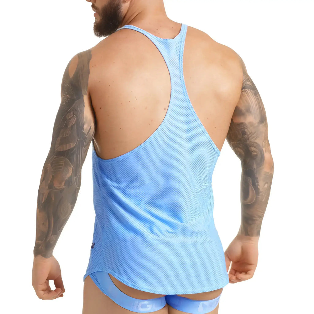 Light blue mesh racerback tank top by gigo featuring breathable fabric for active wear