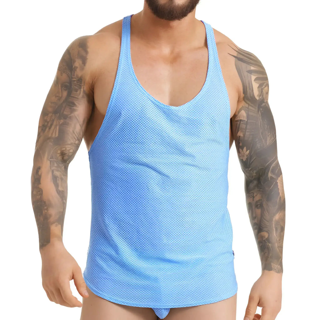 Gigo insuperable blue tank light blue mesh tank top with scoop neckline and racerback design shown from the back