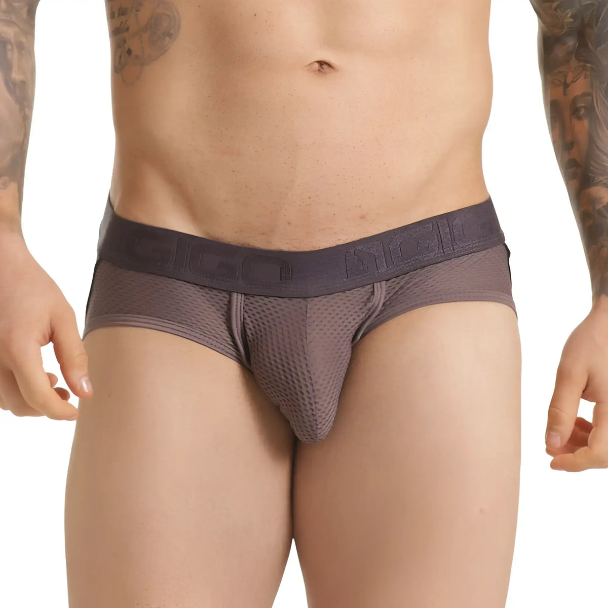Dark gray mesh briefs with branded elastic waistband from gigo insuperable gray brief jockstrap collection