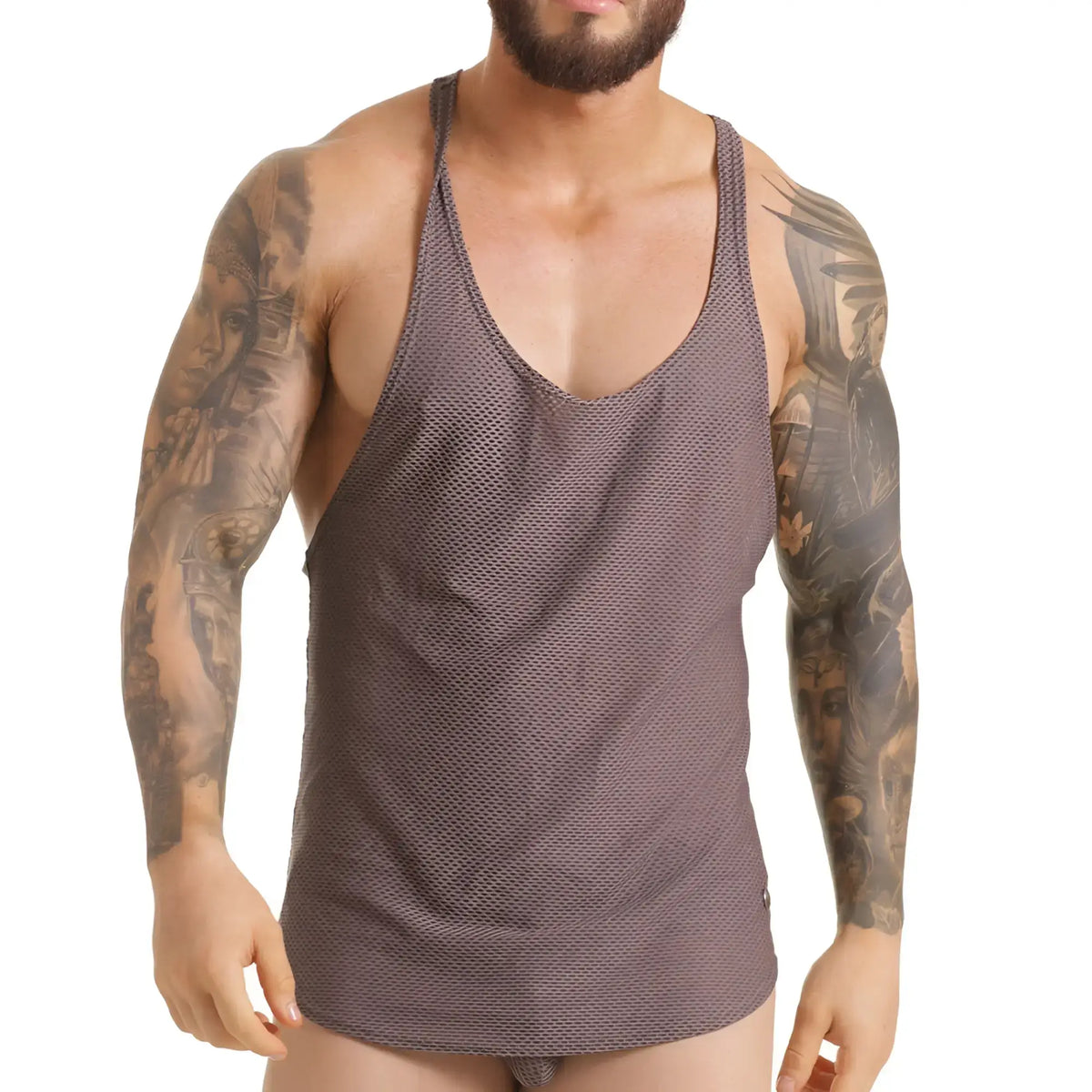 Gigo insuperable gray tank is a dark gray textured mesh tank top with a deep v-neckline and thin shoulder straps