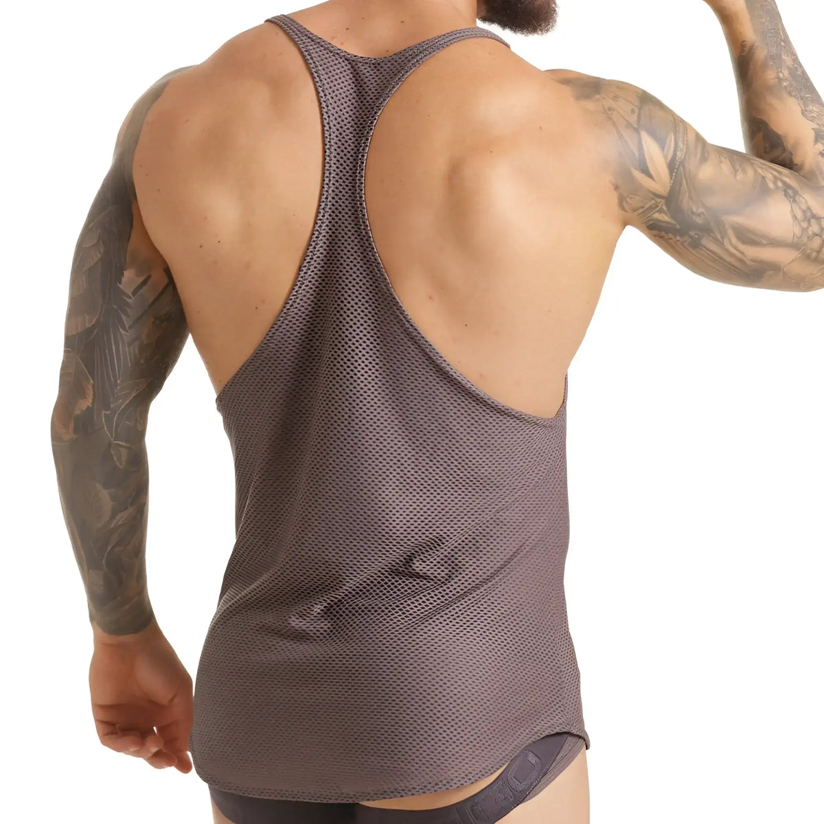 A dark gray breathable mesh gigo insuperable tank top with racerback design shown from the back side