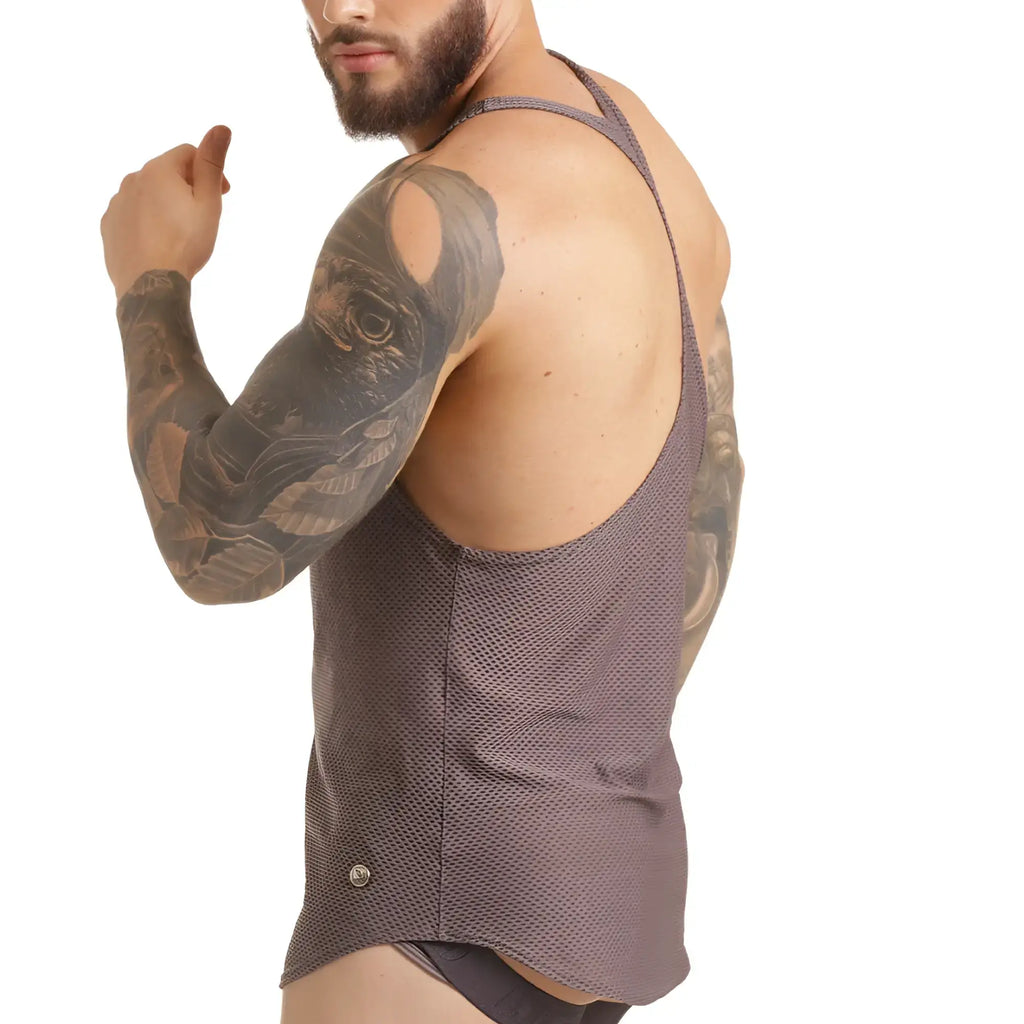 Gigo Insuperable gray tank is a dark gray mesh tank top with thin straps and a button at the bottom hem